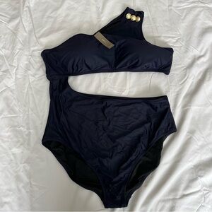 J. Crew NWT Navy One-Shoulder Cut Out Gold Buttons Built In Bra Women’s 22